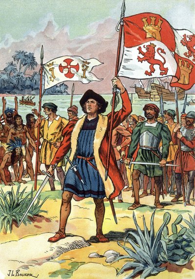 1492: Cristóvão Colombo chega à América com a bandeira espanhola de J.L Beuzon (fl.1880 1940)