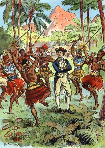 James Cook (1728-1779) e habitantes locais do Havai de J.L Beuzon (fl.1880 1940)