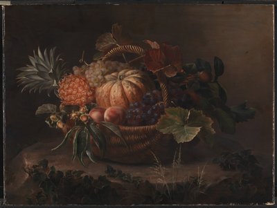 Uma cesta de frutas em um toco de árvore de J.L. Jensen