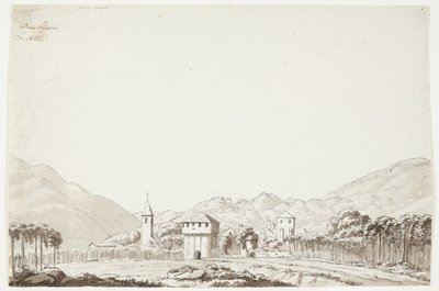 Paisagem de Domodossola na Suíça com igreja e torre de vigia de J.L. Lund
