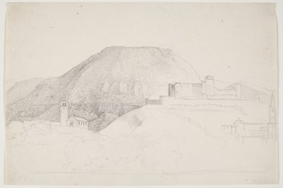 Estudo de paisagem com montanha e edifícios. Spoleto, Itália de J.L. Lund
