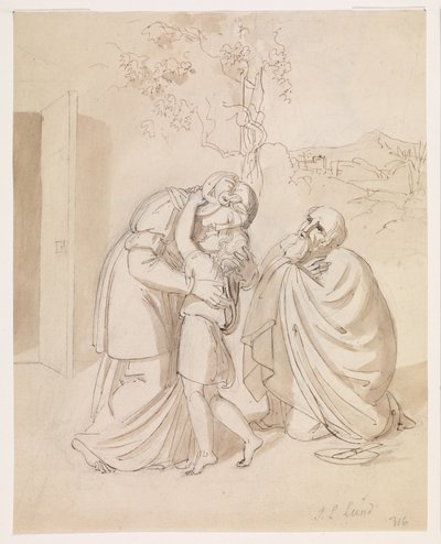 Sara se despede de Isaac, Abraão ajoelha-se de J.L. Lund