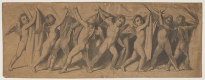 Calado do Kgl. Cortina de teatro; putti que puxa o tapete de lado de J.L. Lund