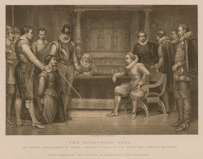 A trama da pólvora; Guy Fawkes interrogado pelo rei James I e seu conselho no quarto do rei, Whitehall de J.M.L. Ralston