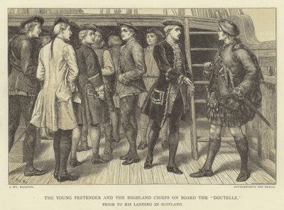 The Young Pretender e os Highland Chiefs a bordo do Doutelle antes de aterrissar na Escócia de J.M.L. Ralston