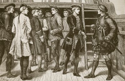 O jovem pretendente e os chefes das terras altas a bordo do &39;Doutelle&39; antes de seu desembarque na Escócia, gravado por Butterworth e Heath de J.M.L. Ralston