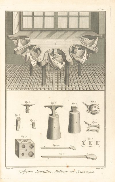 Orfevre-jouaillier, implementer, illustration from &39;Encyclopédie, ou, Dictionnaire raisonné des sciences, des arts et des métiers. Recolha de pratos &39;, c. 8. Primeira edição. gravada por Robert Bénard de J.R (after) Lucotte