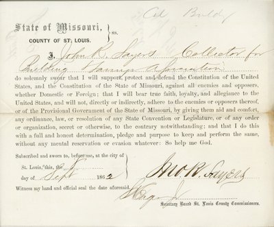 Juramento de lealdade de John R. Sayers do Missouri, Condado de St. Louis de J.R. Sayers