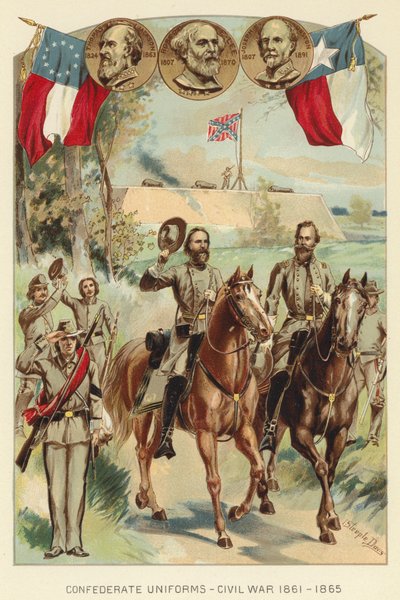 Uniformes Confederados, Guerra Civil 1861-1865 (cor litho) de J. (after) Steeple Davis