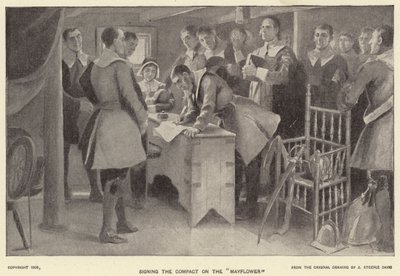 Assinatura do Pacto no "Mayflower" (litho) de J. (after) Steeple Davis