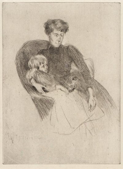Mulher e criança, sentados (mãe e criança com brinquedo) de J. Alden Weir