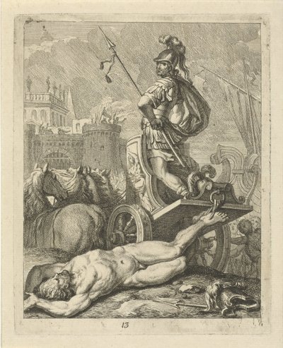 Aquiles com o cadáver de Heitor atrás de sua carruagem Cenas da Vida de Aquiles (título da série) Vitam et mortem achilli (título da série) de J. Alexander Janssens