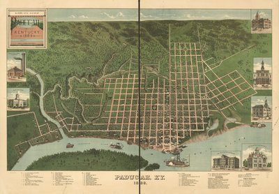 Vista aérea de Paducah, Kentucky 1889. de J. Blanton; Krebs Lithographing Company Postlethwaite