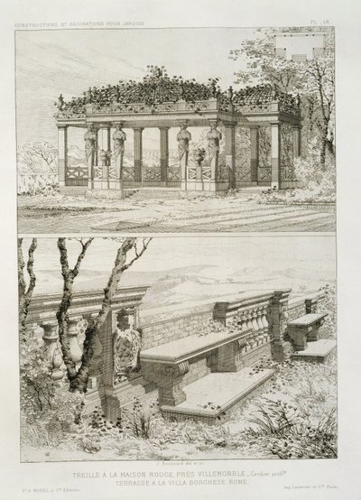 Pergola de La Maison Rouge perto de Villemomble, projetada por Cordier e terraço da Villa Borghese, Roma, c.1880 de J. Boussard
