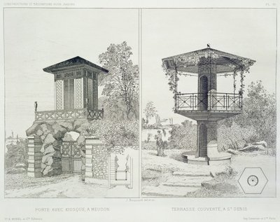 Portal com quiosque, Meudon, e terraço coberto, St. Denis, de um volume de desenhos de vários arquitectos, pub. Morel & Cie, Paris, c.1880 (gravura) de J. Boussard