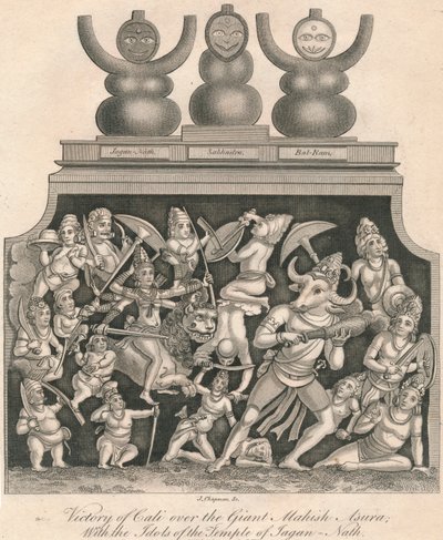 Vitória de Cali sobre o gigante Mahish Asura, com os ídolos do templo de Jagan-Nath, 1809. de J. Chapman