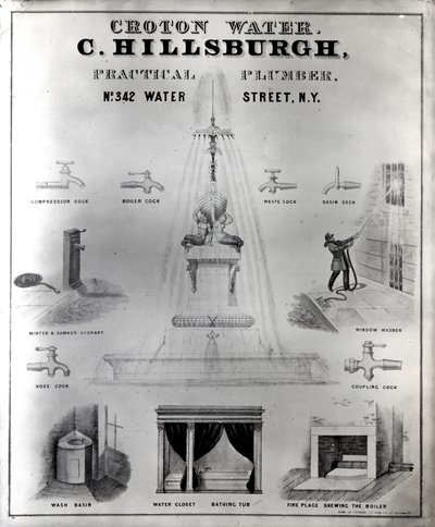 Água Croton. C. Hillsburgh, encanador prático, não. 342 Water Street, Nova York, 1840 de J. Childs