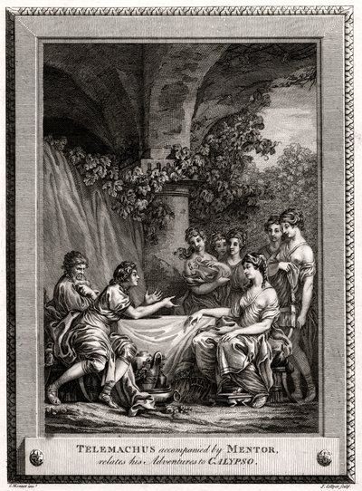 Telêmaco acompanhado por Mentor, relata suas aventuras a Calypso, 1774 de J. Collyer