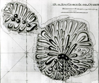 Um Plano do Rei Georges Island ou Otheite, 1769 (litho) (foto bw) de J. Cook
