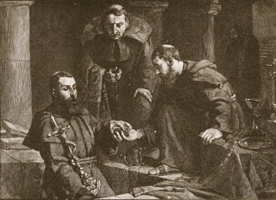 Escondendo o tesouro na supressão de um mosteiro, ilustração da Igreja da Inglaterra: Uma História para o Povo por HDM Spence-Jones, pub. c.1910 foto em sépia de J. Cooke