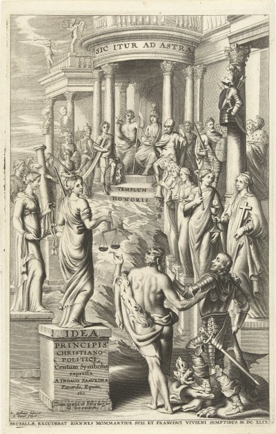 Hércules leva o homem personificações de virtudes passadas ao templo da fama eterna Folha de rosto para: Idea principis christiano-politica, Centum Symbolis expressa, Bruxelas 1649 (título no objeto) de J. Danoot