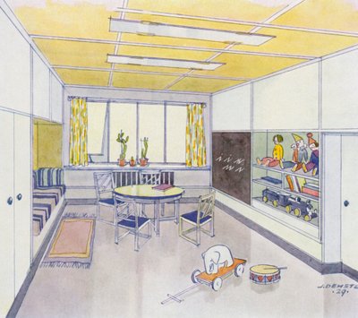 interiores dos anos 30: Berçário (cor litho) de J. Demetz