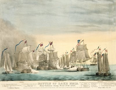 Batalha do Lago Erie. Perry Victorious cena de encerramento da Action da revista Army and Navy Magazine, pub. 1840 (gravura colorida) de J. Evans