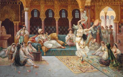 Uma dança de harém (óleo sobre tela colocado a bordo) de J. G. Delincourt
