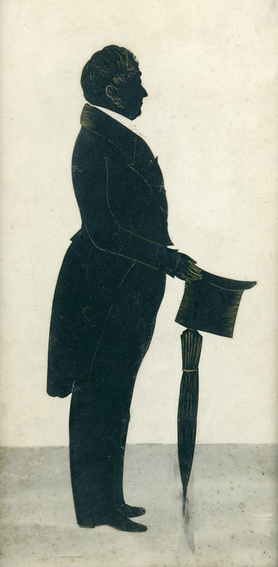 Silueta, de, um, homem, com, um, chapéu superior, casaco frock, e, guarda-chuva de J. Gapp