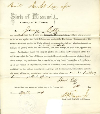 Juramento de lealdade de James Getty do Missouri, Condado de St. Louis de J. Getty