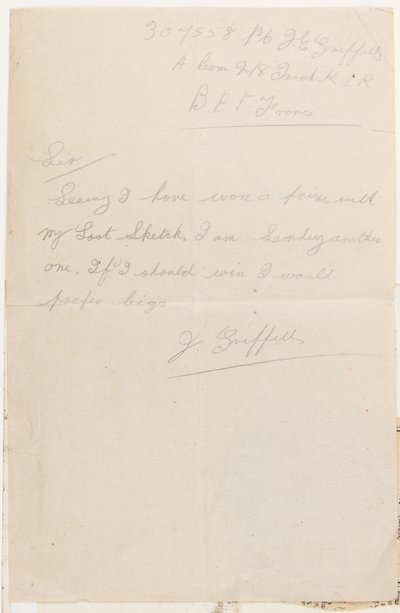Carta ao editor de competição do Liverpool Weekly Courier, 1917 de J. Griffiths