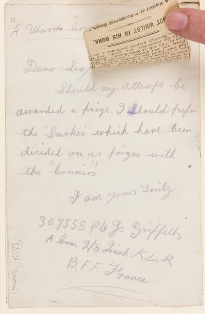 Carta ao editor de competição do Liverpool Weekly Courier, 1917 de J. Griffiths