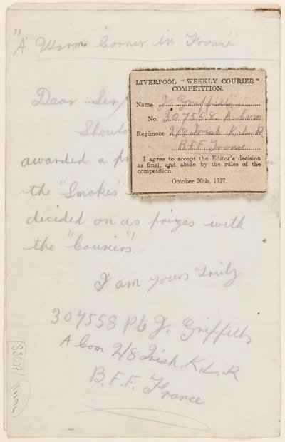 Carta ao editor de competição do Liverpool Weekly Courier, 1917 de J. Griffiths
