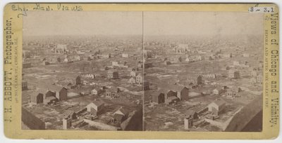 Estereografia da vista northnorthwest da Torre da Água após o incêndio de Chicago de 1871, 1871 (foto bw no cartão de montagem) de J. H. Abbott
