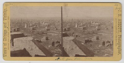 Estereógrafo de vista a noroeste da Torre da Água após o incêndio de Chicago de 1871 de J. H. Abbott
