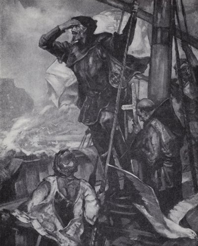 O explorador português Vasco da Gama avistando o Cabo da Boa Esperança em sua viagem à Índia de J. H. Amschewitz