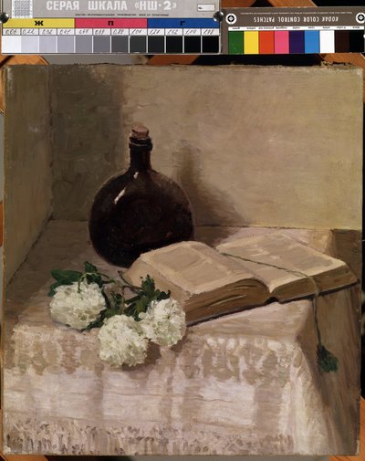 "Natureza morta com um livro" (Nature morte de flacon, livre ouvert et fleurs blanches) Pintura de Johannes Hansch (1875-1946) Dim. 45 x 41,5 cm Mikalojus Konstantinas Ciurlionis Museum of Fine Arts, Kaunas, Lituânia de J. Hansch