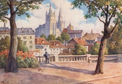 Catedral de Lausanne a partir de Montbenon (litografia a cores) de J. Hardwicke Lewis