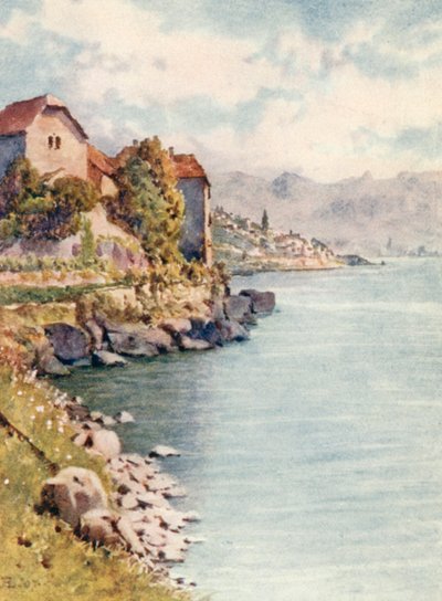 O castelo de Glerolles e St Saphorin, JHL (litografia a cores) de J. Hardwicke Lewis