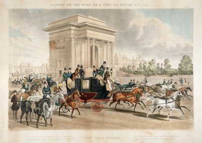 Carruagens puxadas por cavalos ao longo do Hyde Park Corner, Londres, 1838 de J Harris