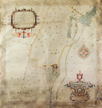 Mapa da Mansão de Shifnal, Shropshire, 1635 (tinta e cor sobre velino) de J. Harrison