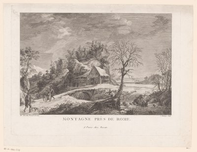 Vista de uma casa perto de uma ponte com figuras Montagne près de Rome (título no objeto) de J. Hémery