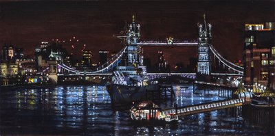 HMS Belfast à noite, 2000 (pintura a óleo) de J Hugh L Beattie