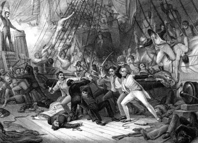 Nelson embarcando no San Josef, Batalha de Cape St Vincent, 1797. de J. J. Crew