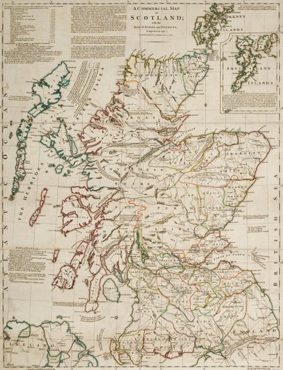 Um mapa comercial da Escócia com as estradas, as etapas e as distâncias de J. Knox