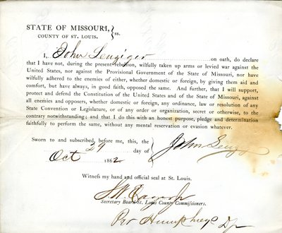 Juramento de lealdade de John Leuziger do Missouri, Condado de St.Louis de J. Leuziger