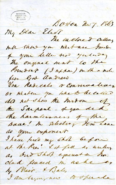 Carta assinada J.M.F. [J.M. Forbes], Boston, para Eliot [William G. Eliot], 7 de Novembro de 1863 de J. M. Forbes