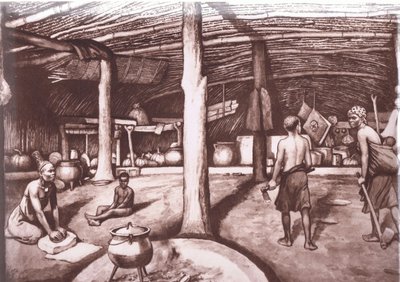Dentro de um kraal Kaffir, de cartazes da escola MacMillan, c.1950-60s (lito) de J. Macfarlane
