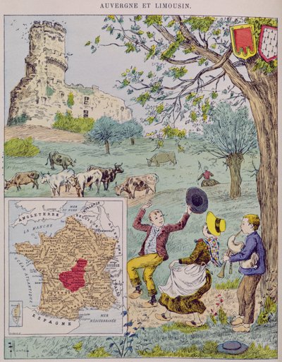 Auvérnia e Limousin, ilustração para o Tour de France por Marie de Grandmaison, 1893 de J. Maurel