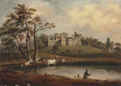 Uma vista do castelo de Hornby, Yorkshire, com um pescador e gado nas margens do rio Wenning de J. Miller